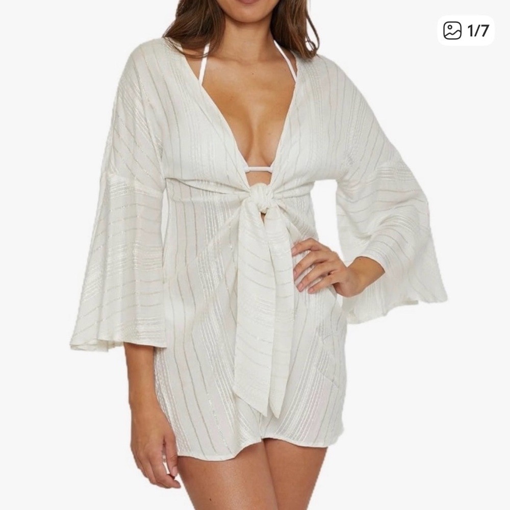 Becca Radiance V Neck White Gold Stripes Tie Front Cover Up
